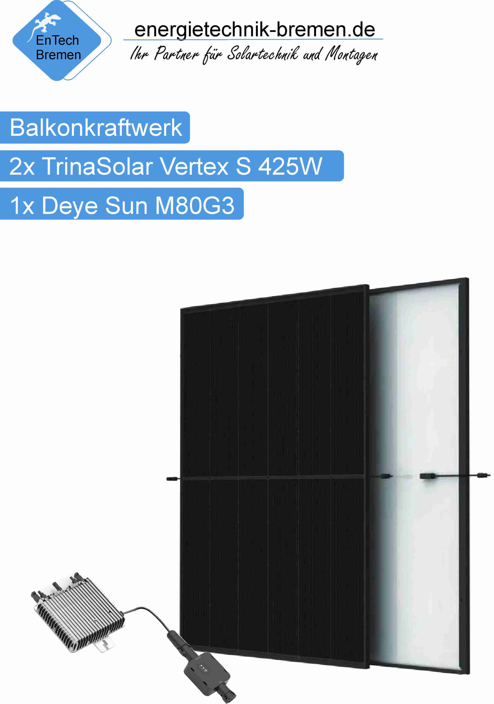 Solaranlage / Balkonkraftwerk - 800 kWp - 2x 425W Module - Deye Microwechselrichter - Energietechnik Bremen
