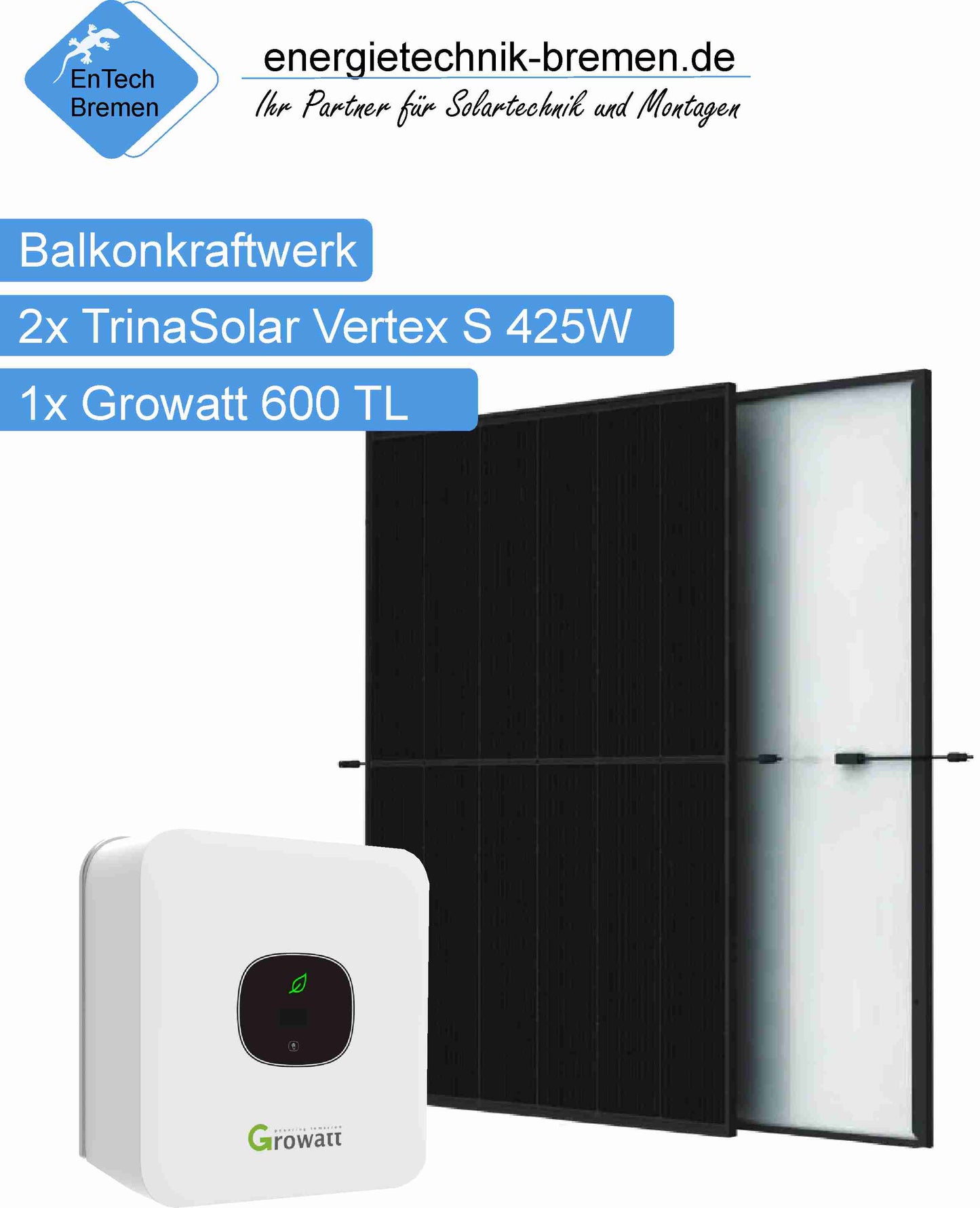 Solaranlage / Balkonkraftwerk - 600 kWp - 2x 425W Module - Growatt Microwechselrichter - Energietechnik Bremen
