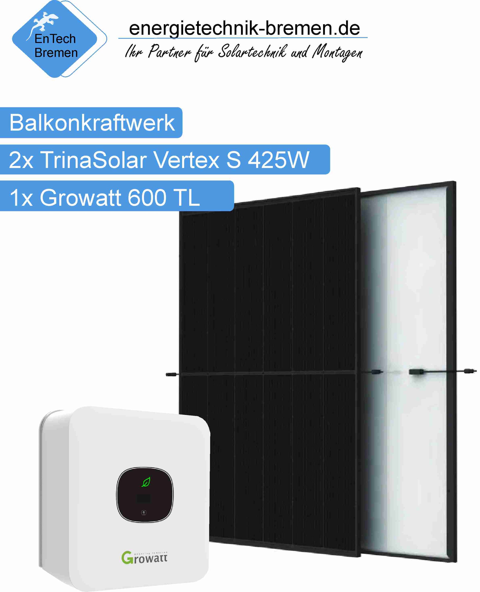 Solaranlage / Balkonkraftwerk - 600 kWp - 2x 425W Module - Growatt Microwechselrichter - Energietechnik Bremen